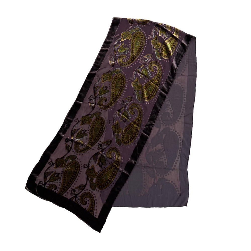 Silk Blend Velvet Burnout Paisley Scarf Plum Vintage dark romantic whimsy goth
